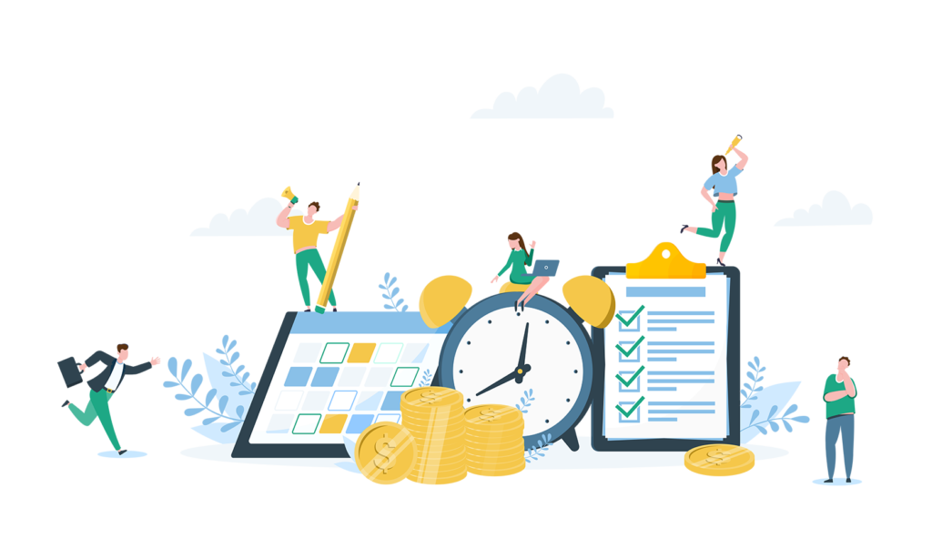 coins and people on document, tablet, and clock