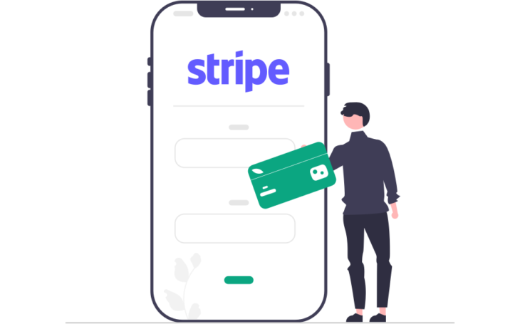 Stripe payment with user next to phone and card